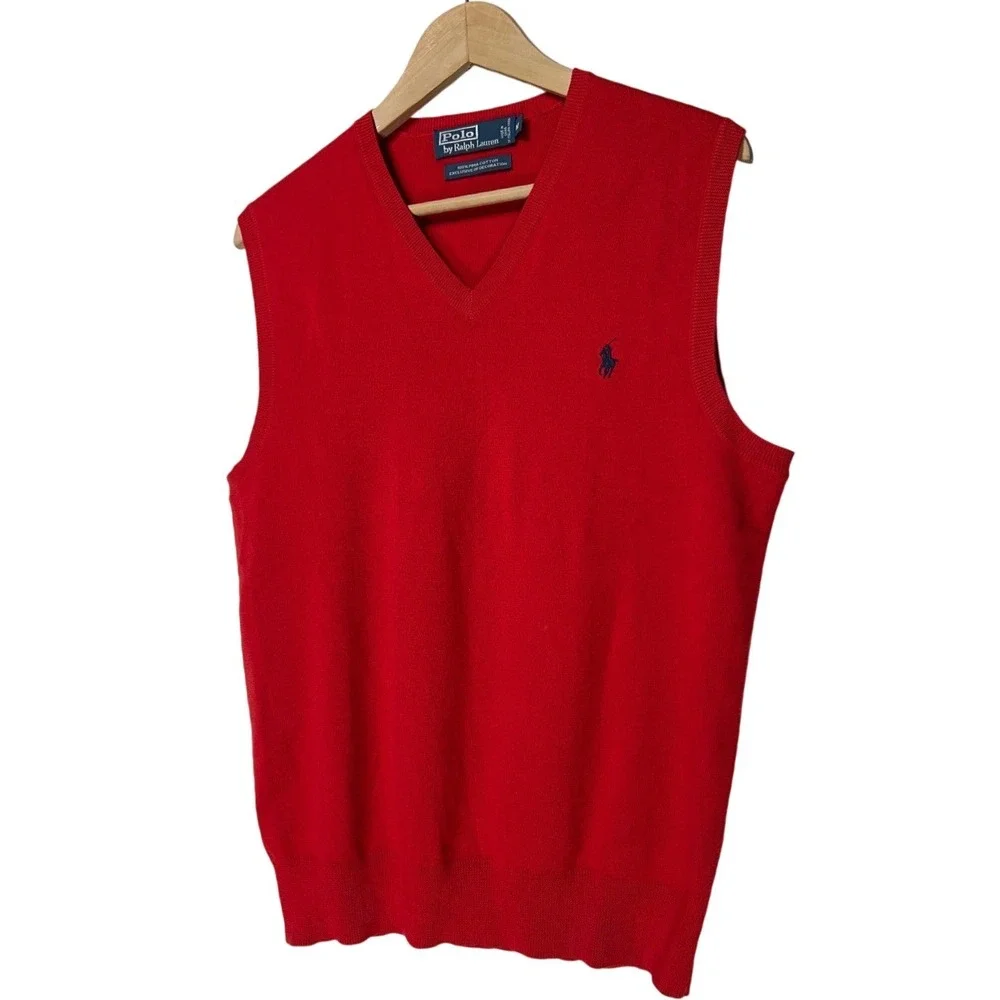 VTG Polo Ralph Lauren Red Pima Cotton Blue Pony V-Neck Sweater Vest Medium‎ EUC